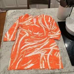 Barbara Gerwit Orange Print Scuba Tunic sz S EUC